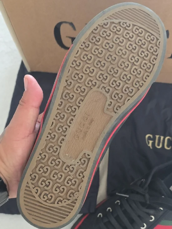 Gucci Men’s Black Canvas Low-Top Sneakers with Red & Green Web Stripe - Picture 3 of 7